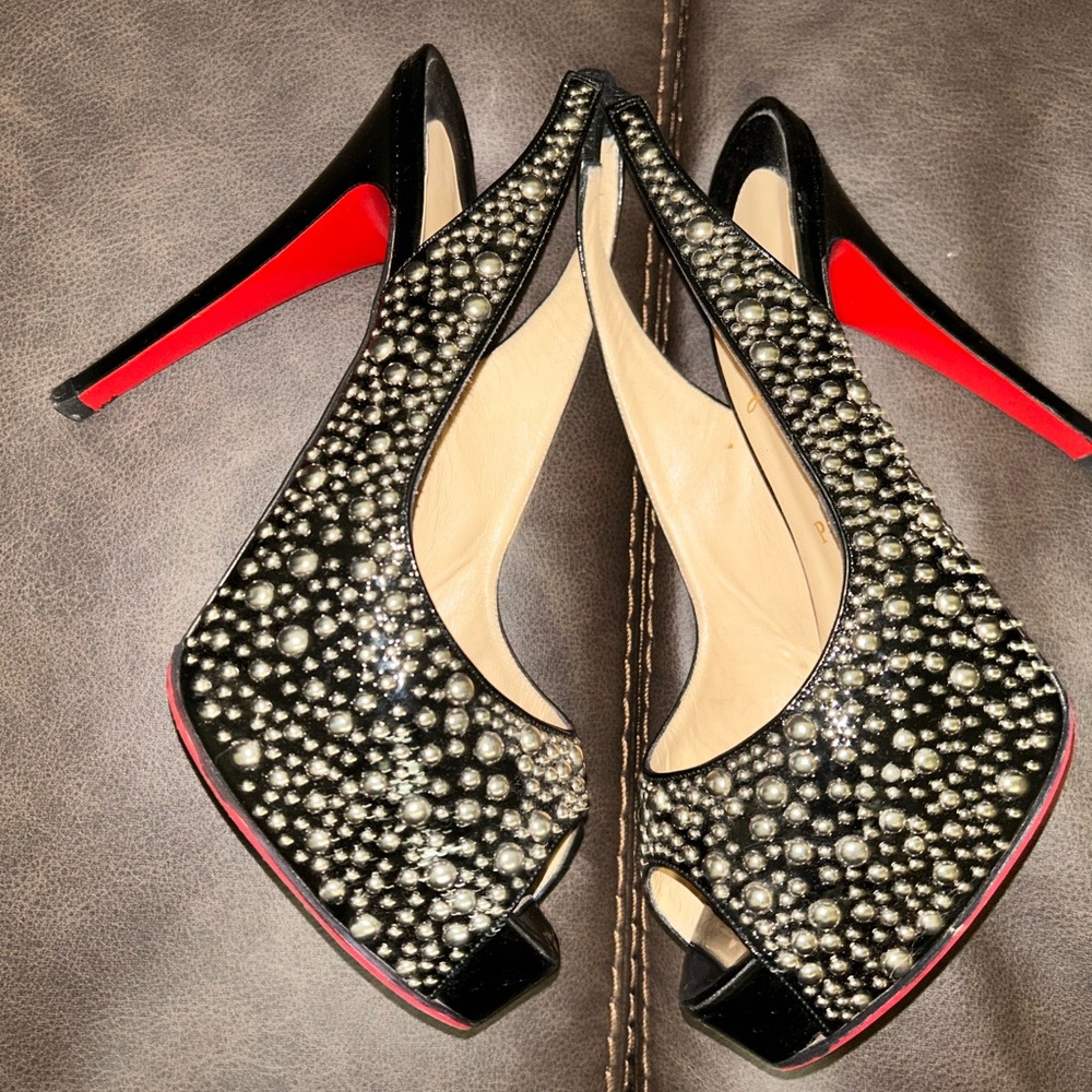 Christian Louboutin Black Patent Crystal-Studded Stiletto with Red Sole